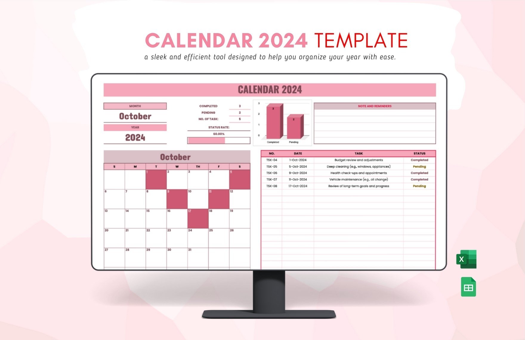 Free Calendar 2024 Template in Excel, Google Sheets