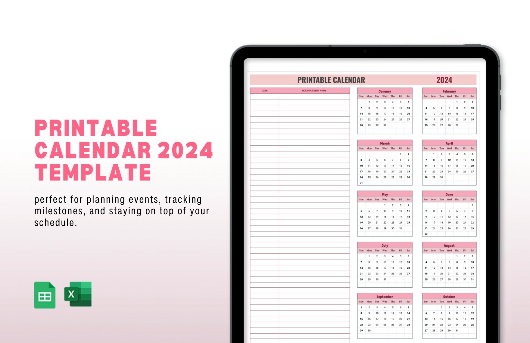 Free Printable Calendar 2024 Template in Excel, Google Sheets