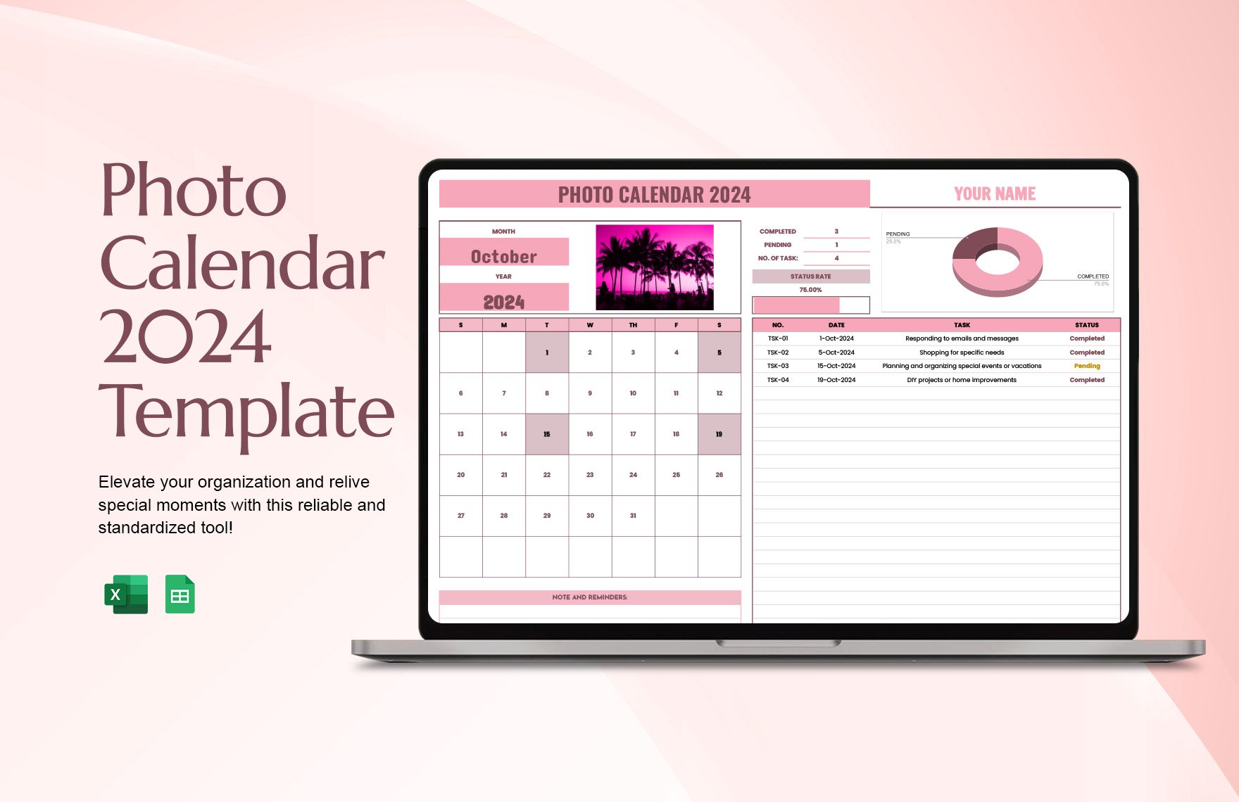 Free Photo Calendar 2024 Template in Excel, Google Sheets