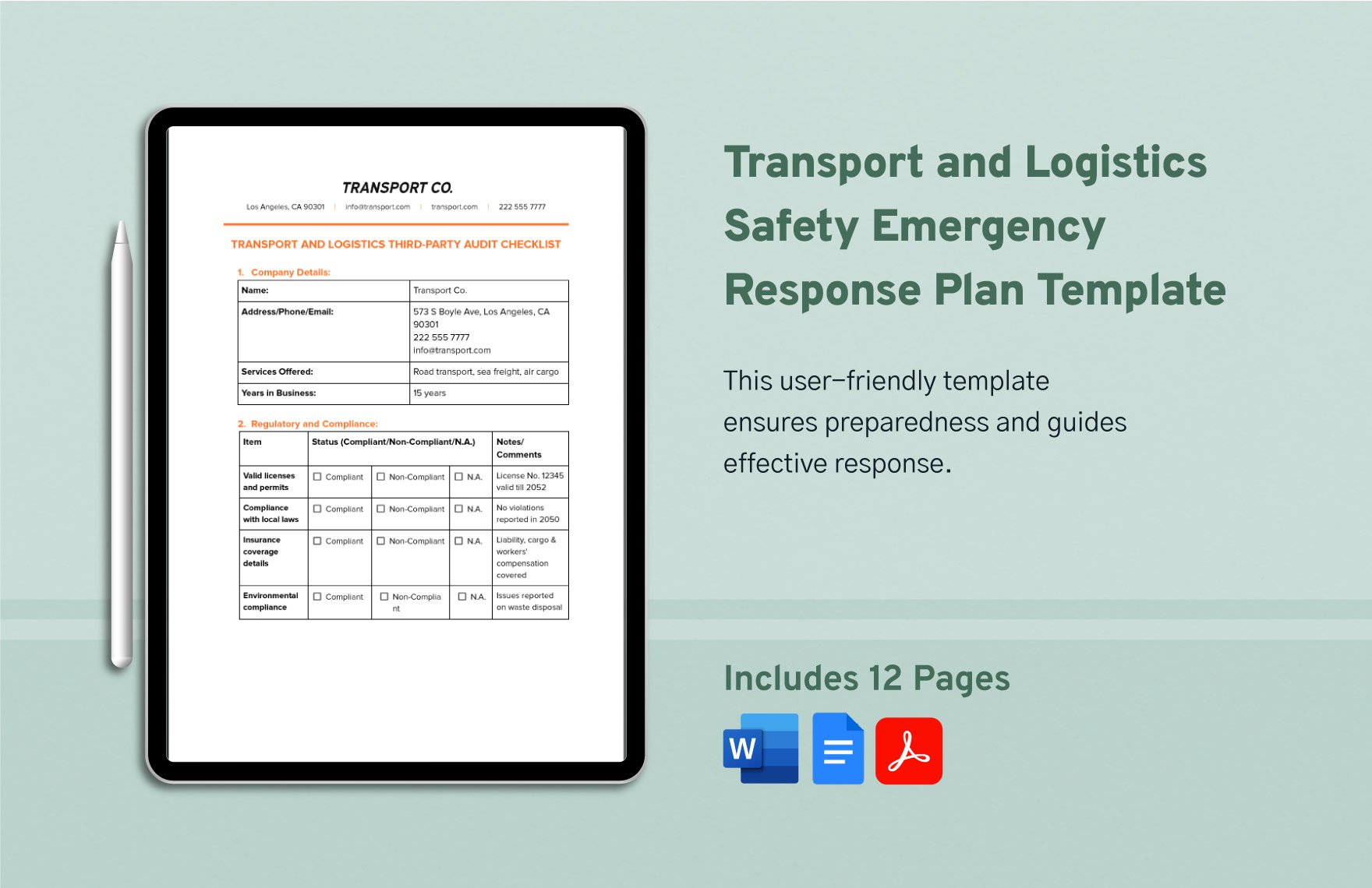 Transport and Logistics Safety Emergency Response Plan Template
