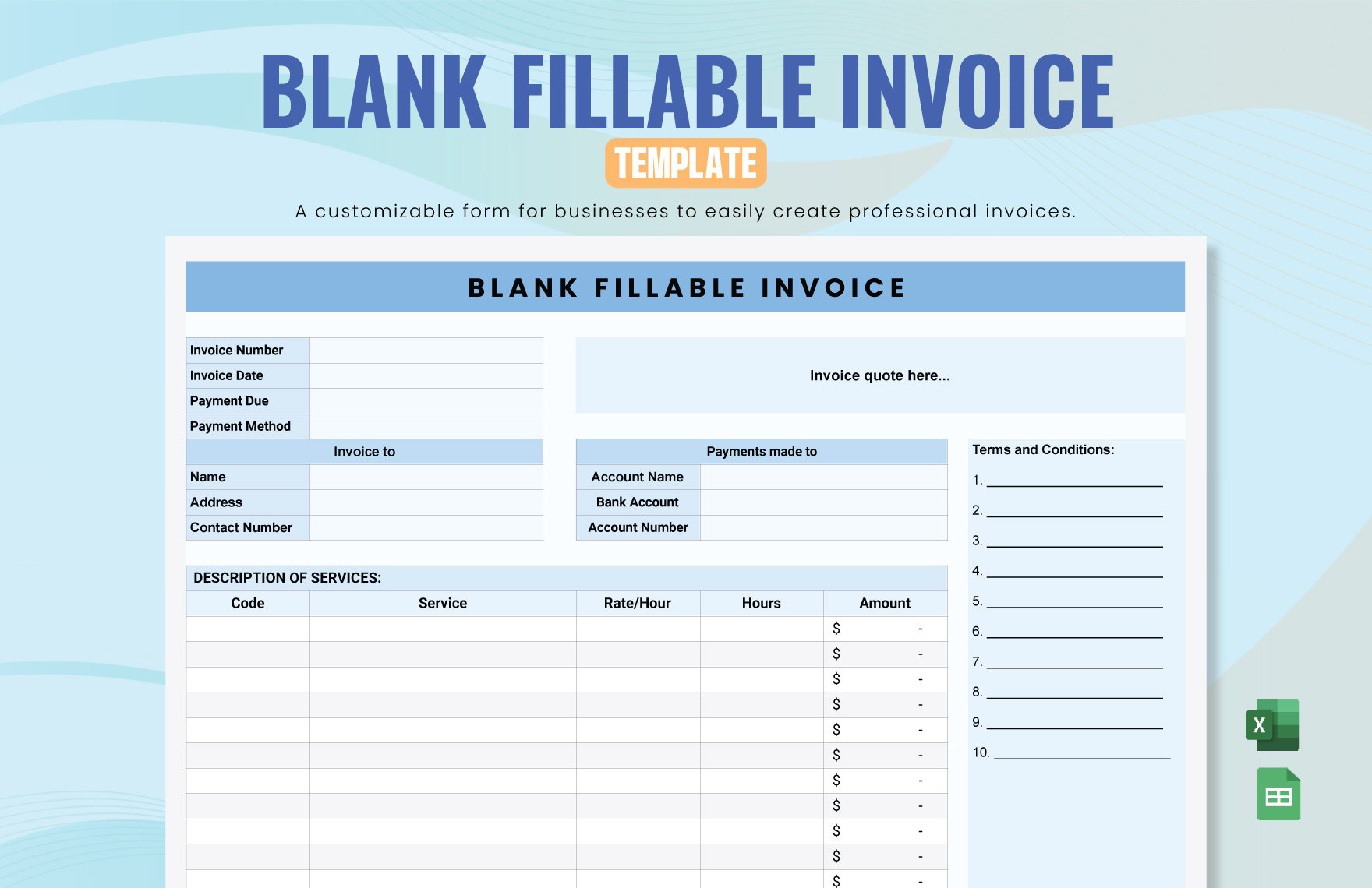 Free Blank Fillable Invoice Template in Excel, Google Sheets