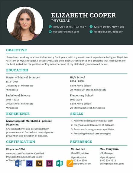 Physician Resume Template - Illustrator, InDesign, Word, Apple Pages, PSD, Publisher