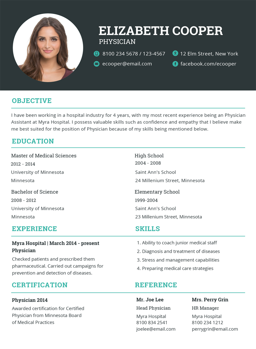 Physician Resume - Template in Illustrator, InDesign, Word, Apple Pages ...