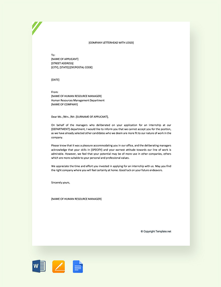 FREE Internship Rejection Letter Template - Word | Google Docs | Apple ...