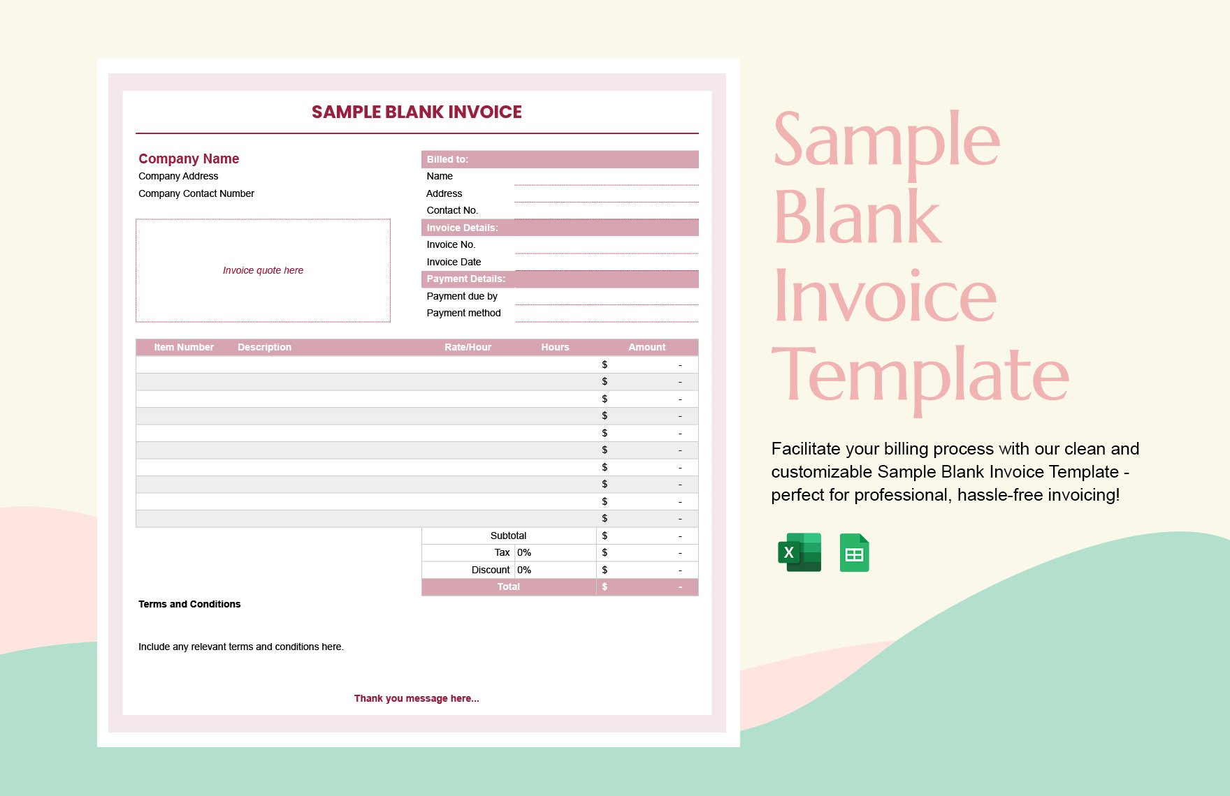 Free Sample Blank Invoice Template in Excel, Google Sheets