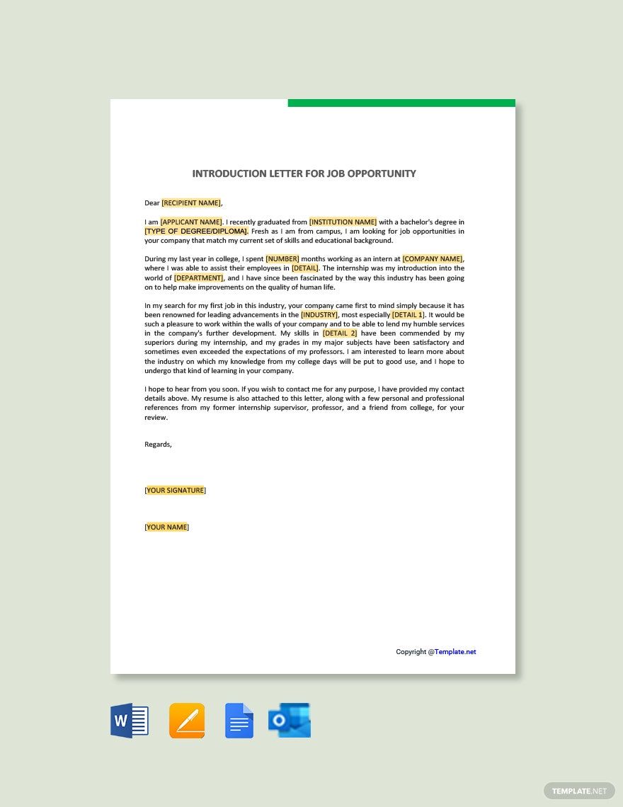 Introduction Letter for Job Opportunity in Google Docs, Pages, Word, Outlook, PDF - Download | Template.net