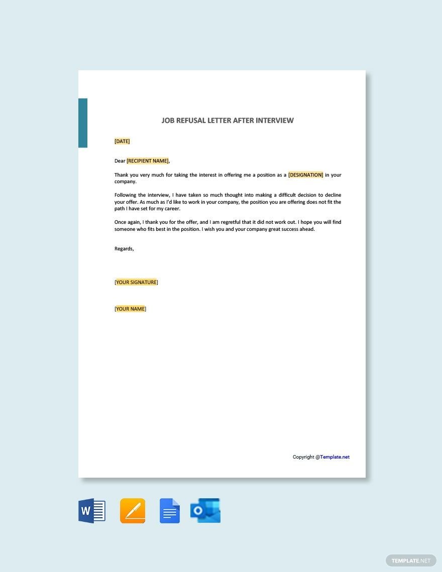 Free Job Refusal Letter after interview Template
