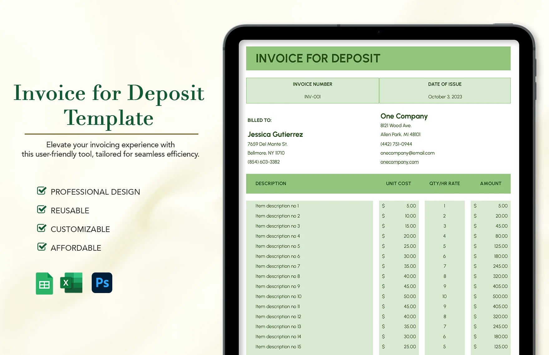 Invoice for Deposit Template