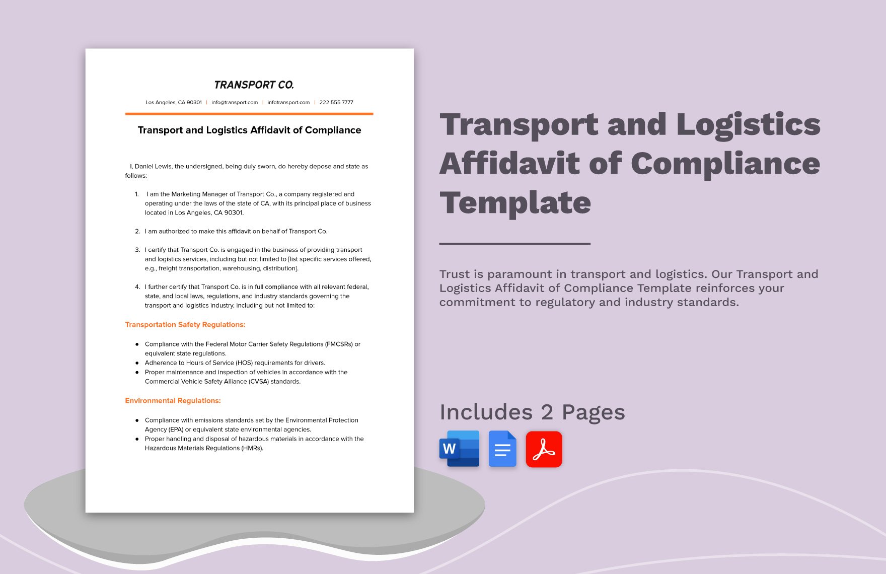 Transport and Logistics Affidavit of Compliance Template in Word, Google Docs, PDF