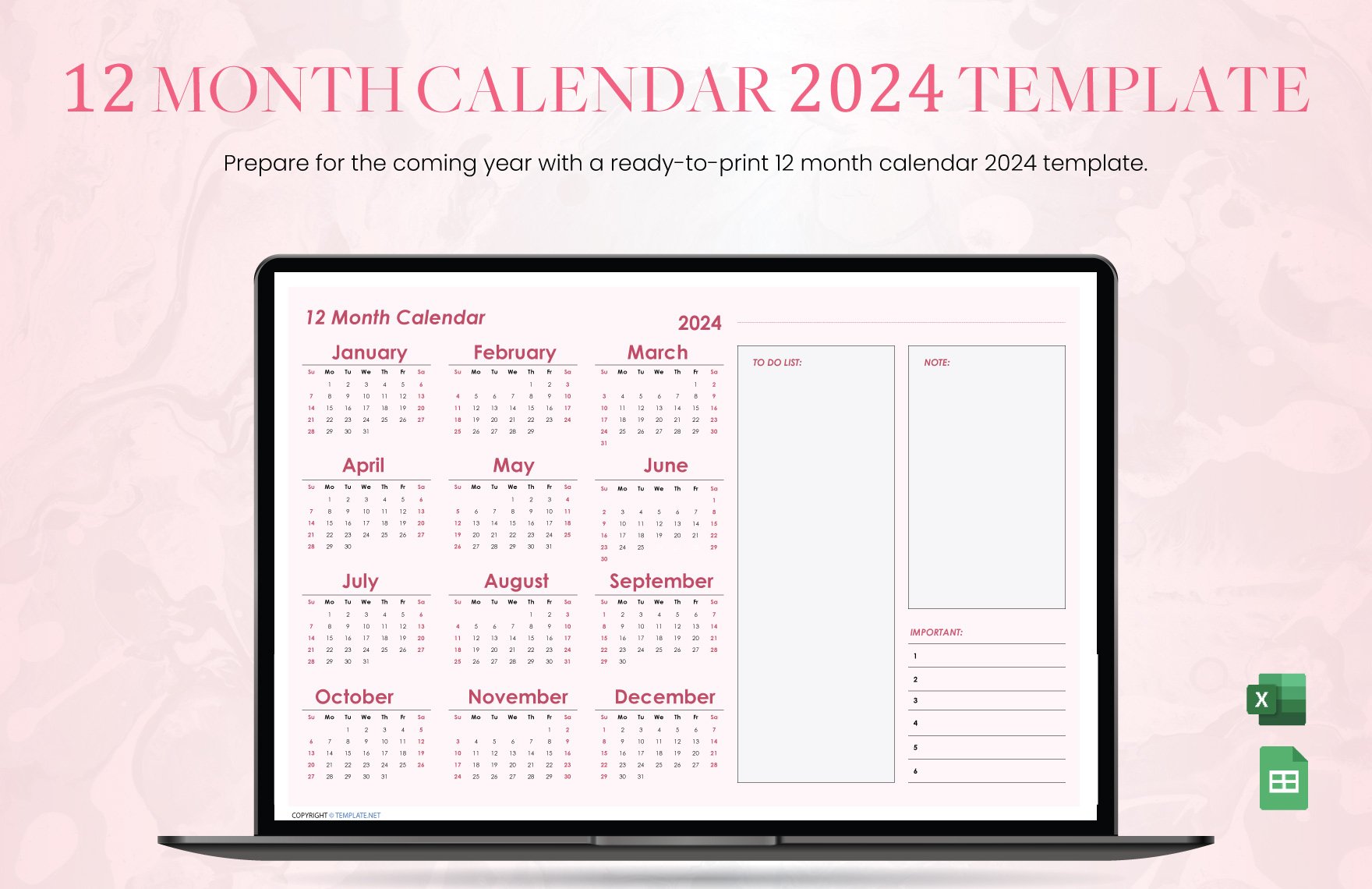 12 month Calendar 2024 Template in Excel, Google Sheets - Download
