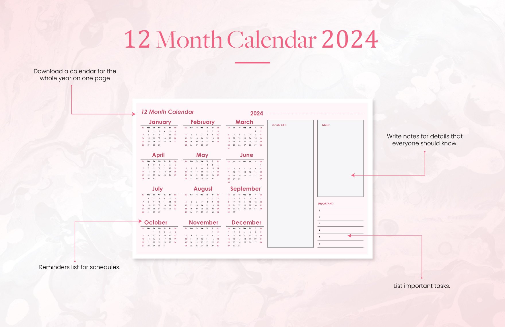 12 month Calendar 2024 Template