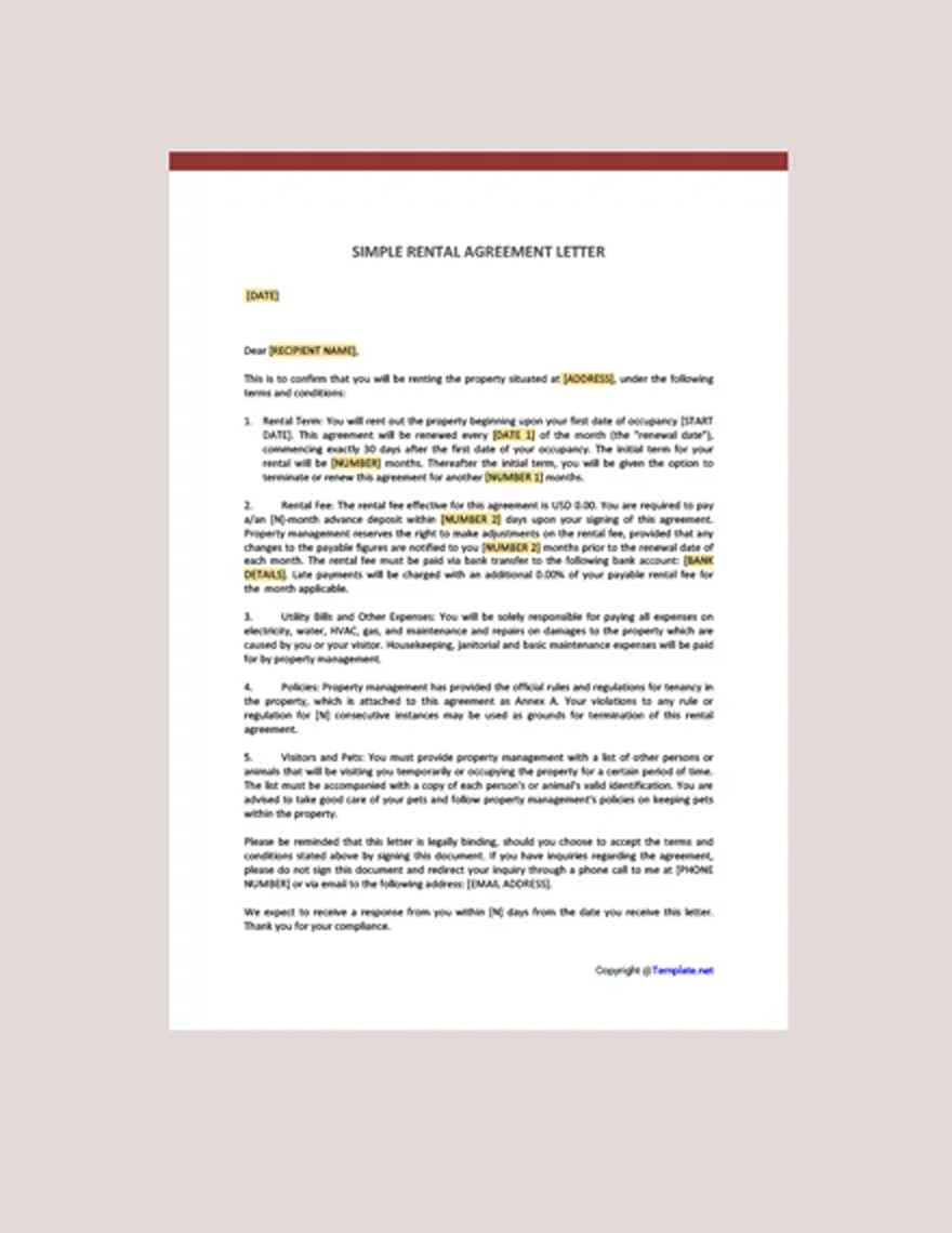 Simple Rental Agreement Letter Template