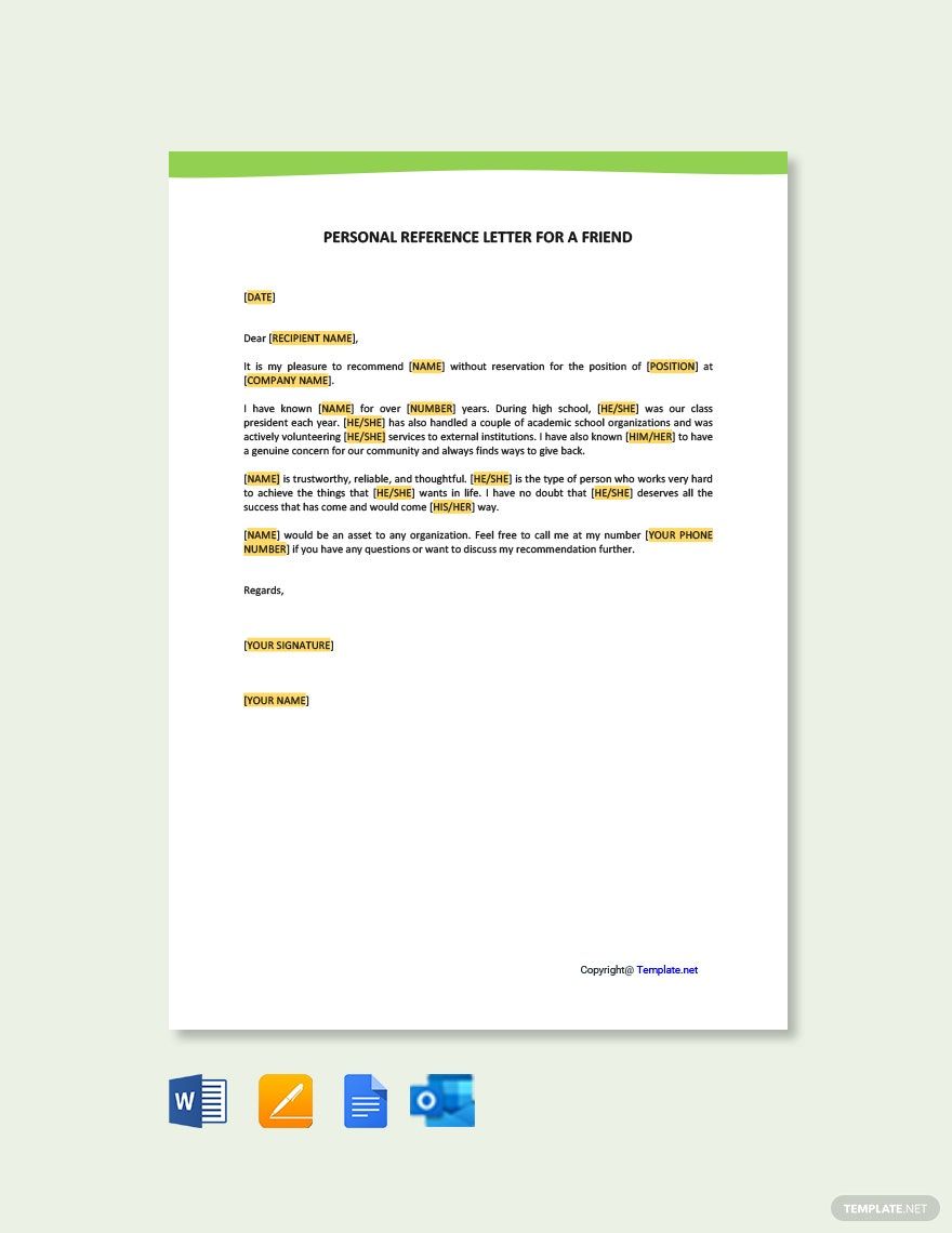 Personal Reference Letter For a Friend in Pages, Outlook, PDF, Word