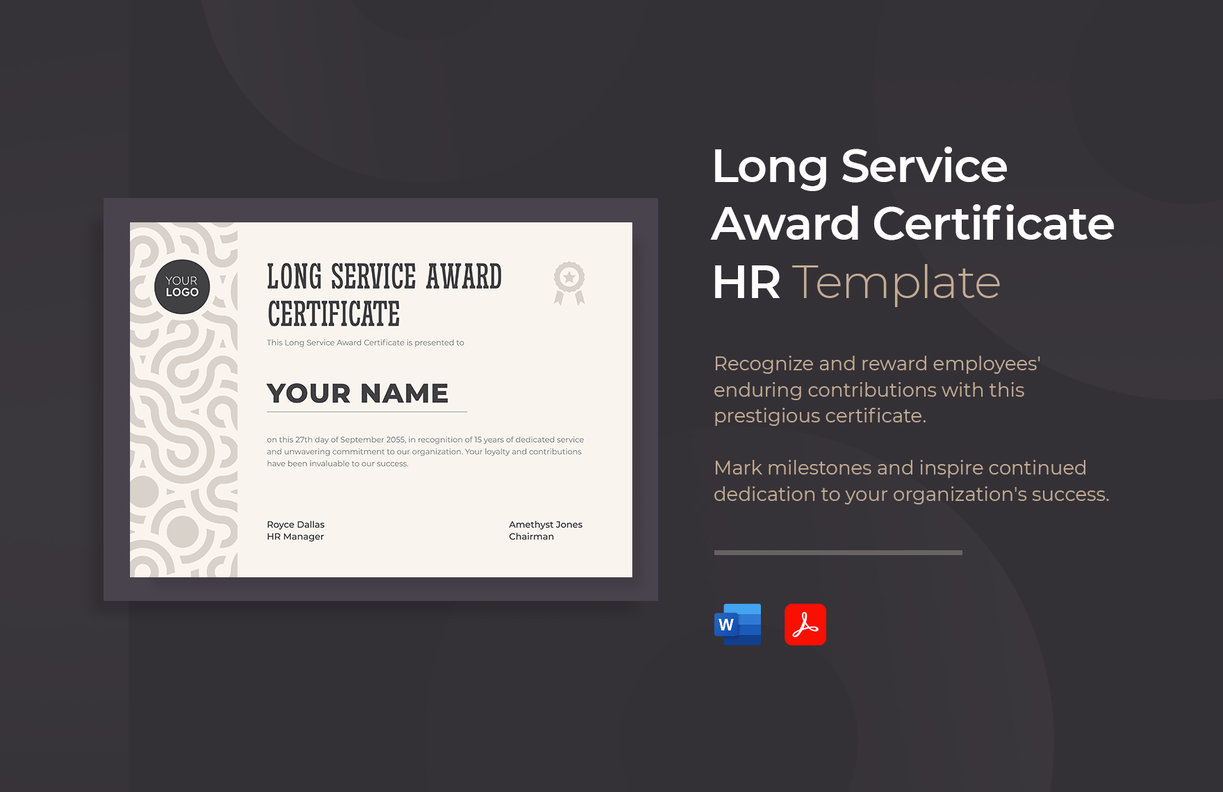 Long Service Award Certificate HR Template in Word, PDF