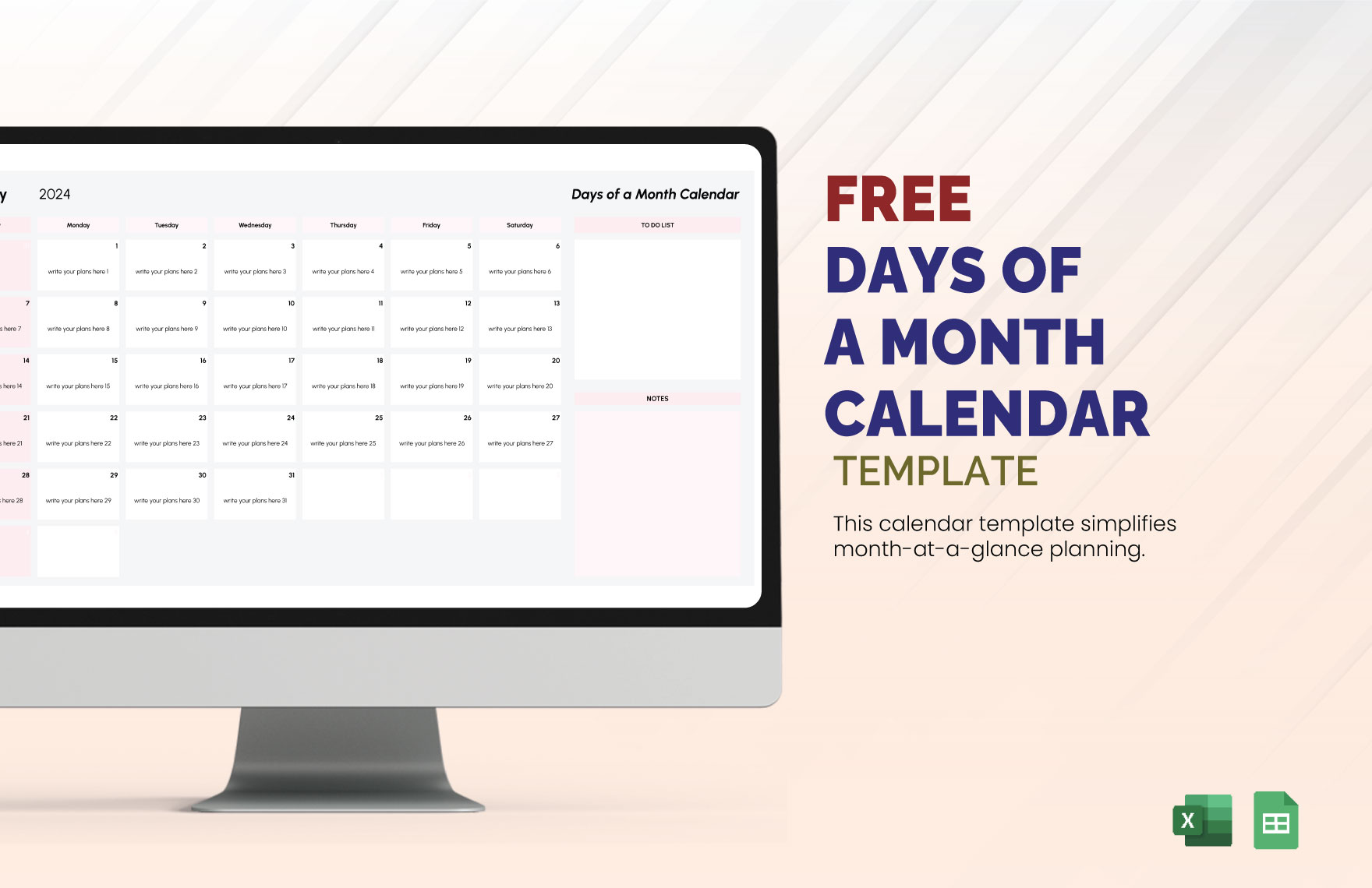 Days of a Month Calendar Template
