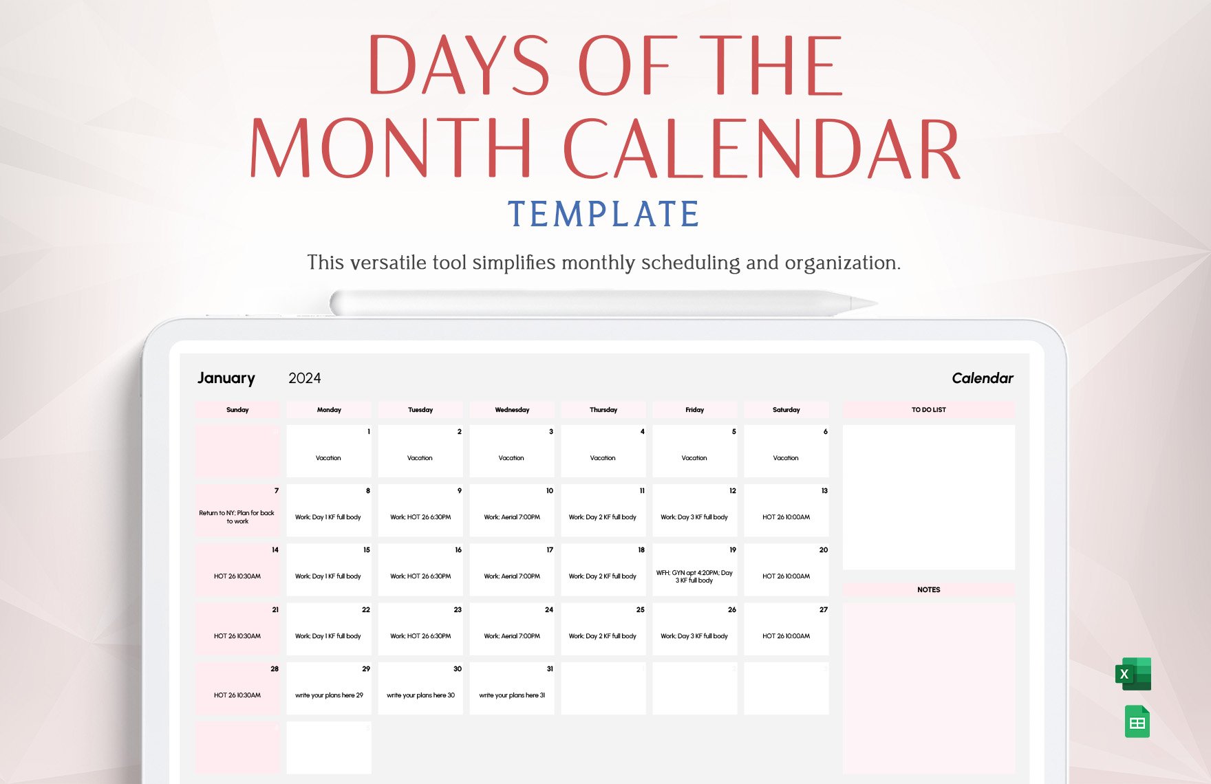 Free Days of a Month Calendar Template in Excel, Google Sheets
