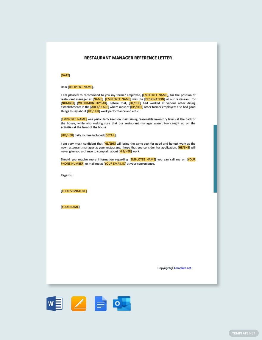 Restaurant Manager Reference Letter in Google Docs, Word, Pages, Outlook, PDF - Download | Template.net