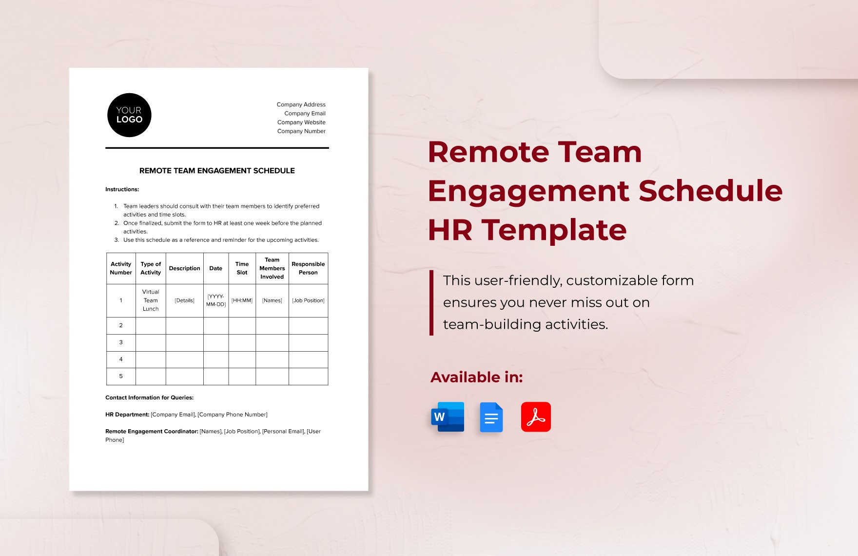 Remote Team Engagement Schedule HR Template in Word, Google Docs, PDF