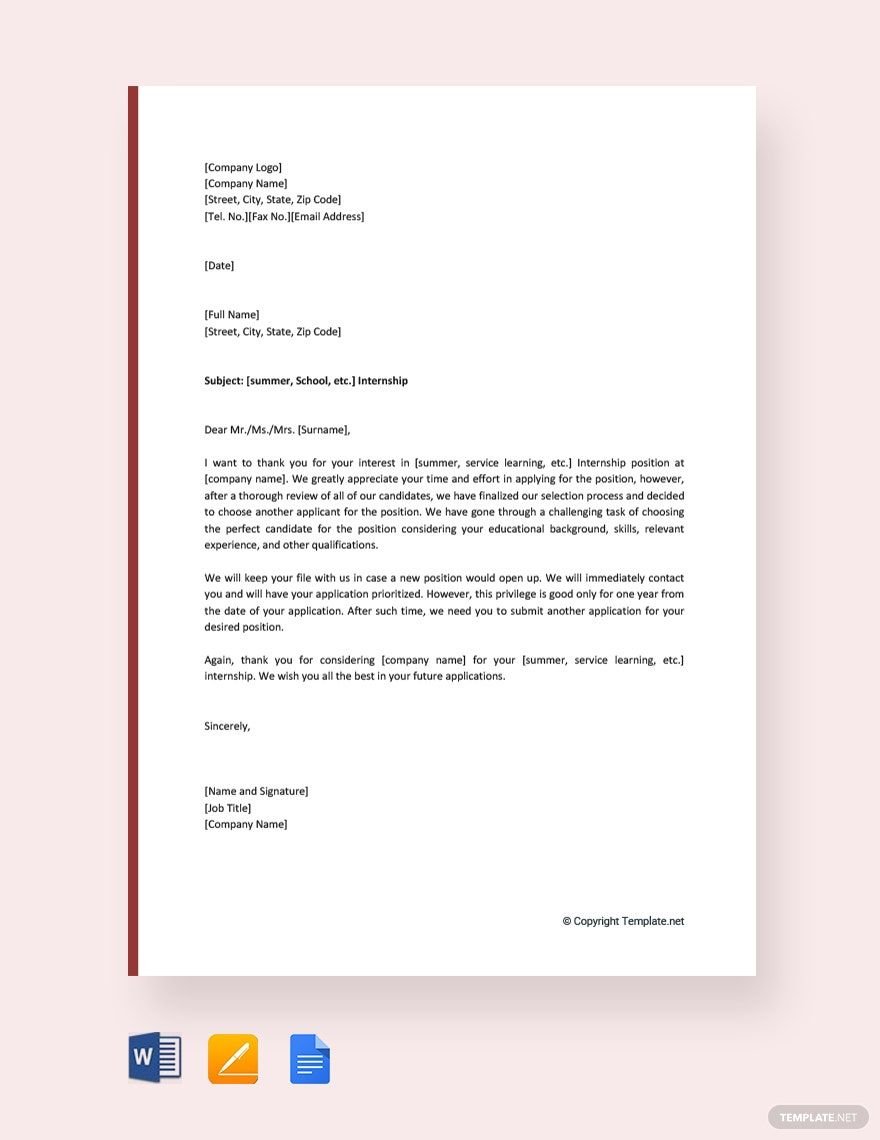 Free Internship Interview Rejection Letter Template