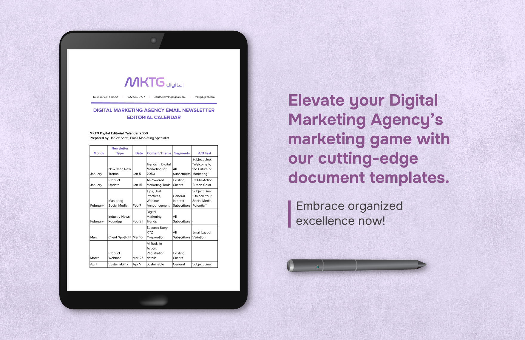 Digital Marketing Agency Email Newsletter Editorial Calendar Template