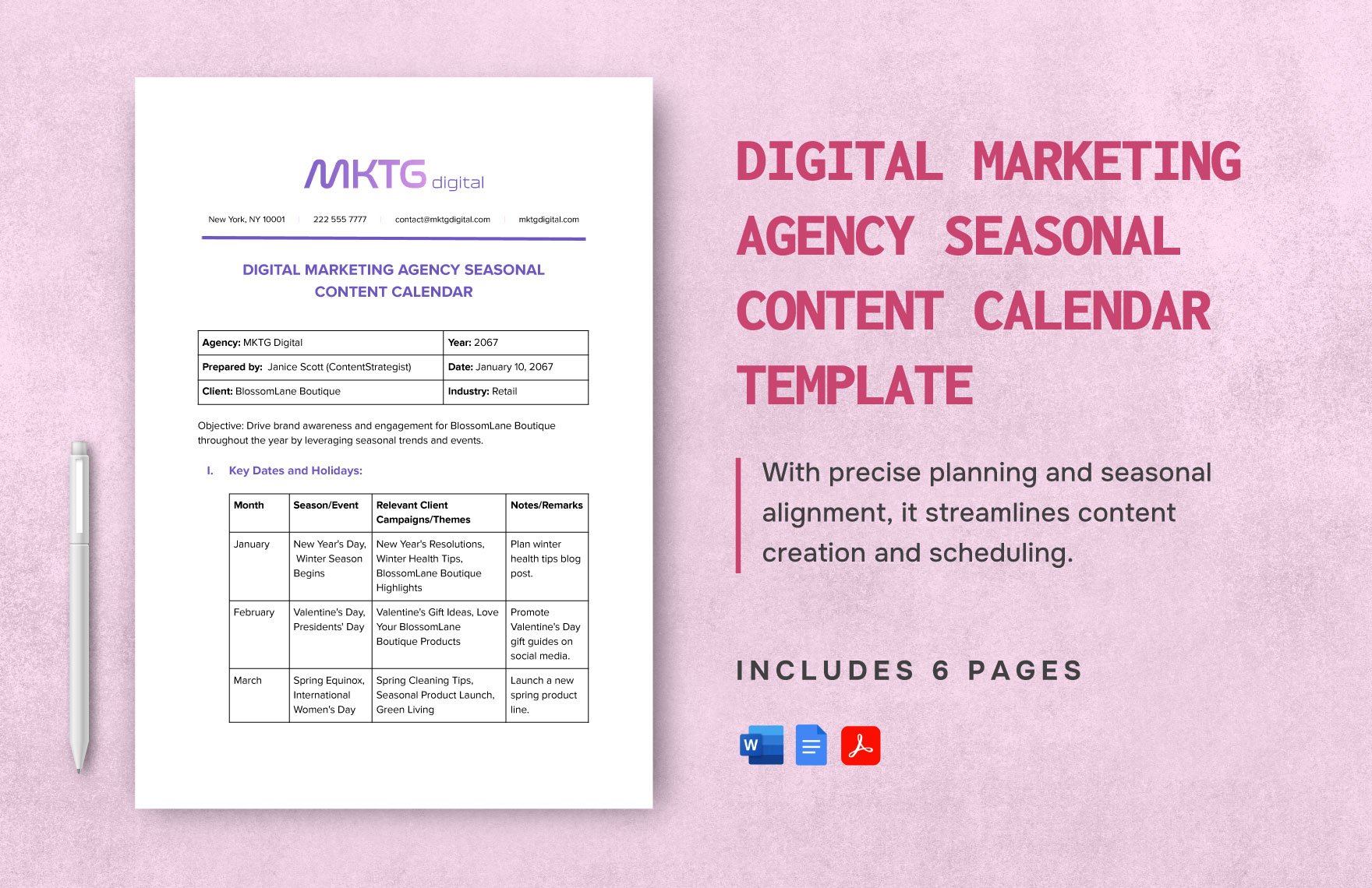 Digital Marketing Agency Seasonal Content Calendar Template in Word, Google Docs, PDF