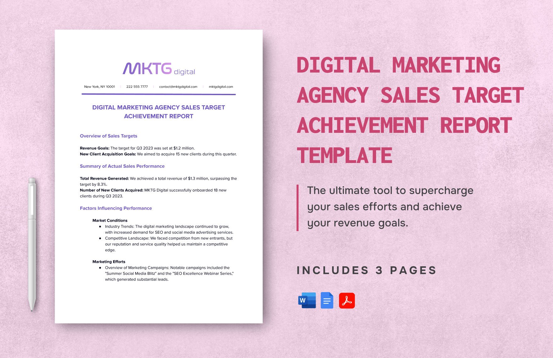 Digital Marketing Agency Sales Target Achievement Report Template in Word, Google Docs, PDF