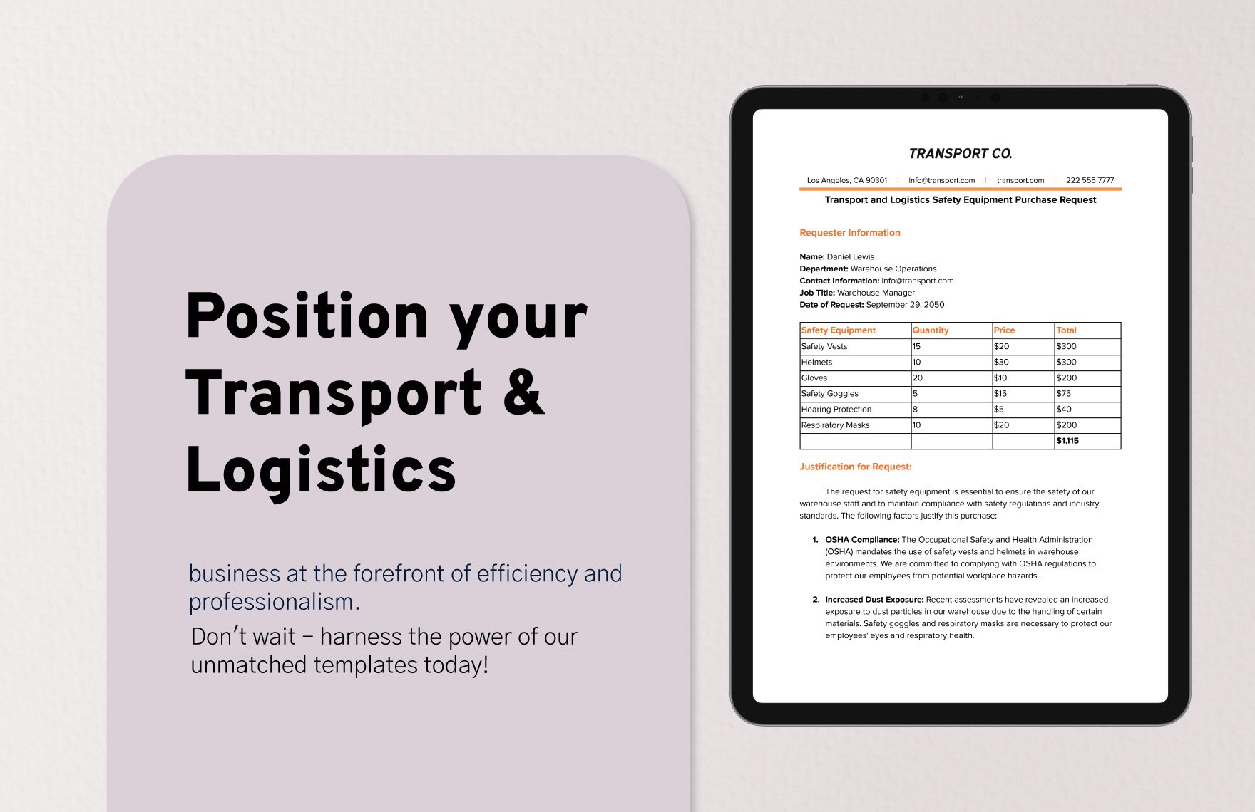 Transport and Logistics Safety Equipment Purchase Request Template