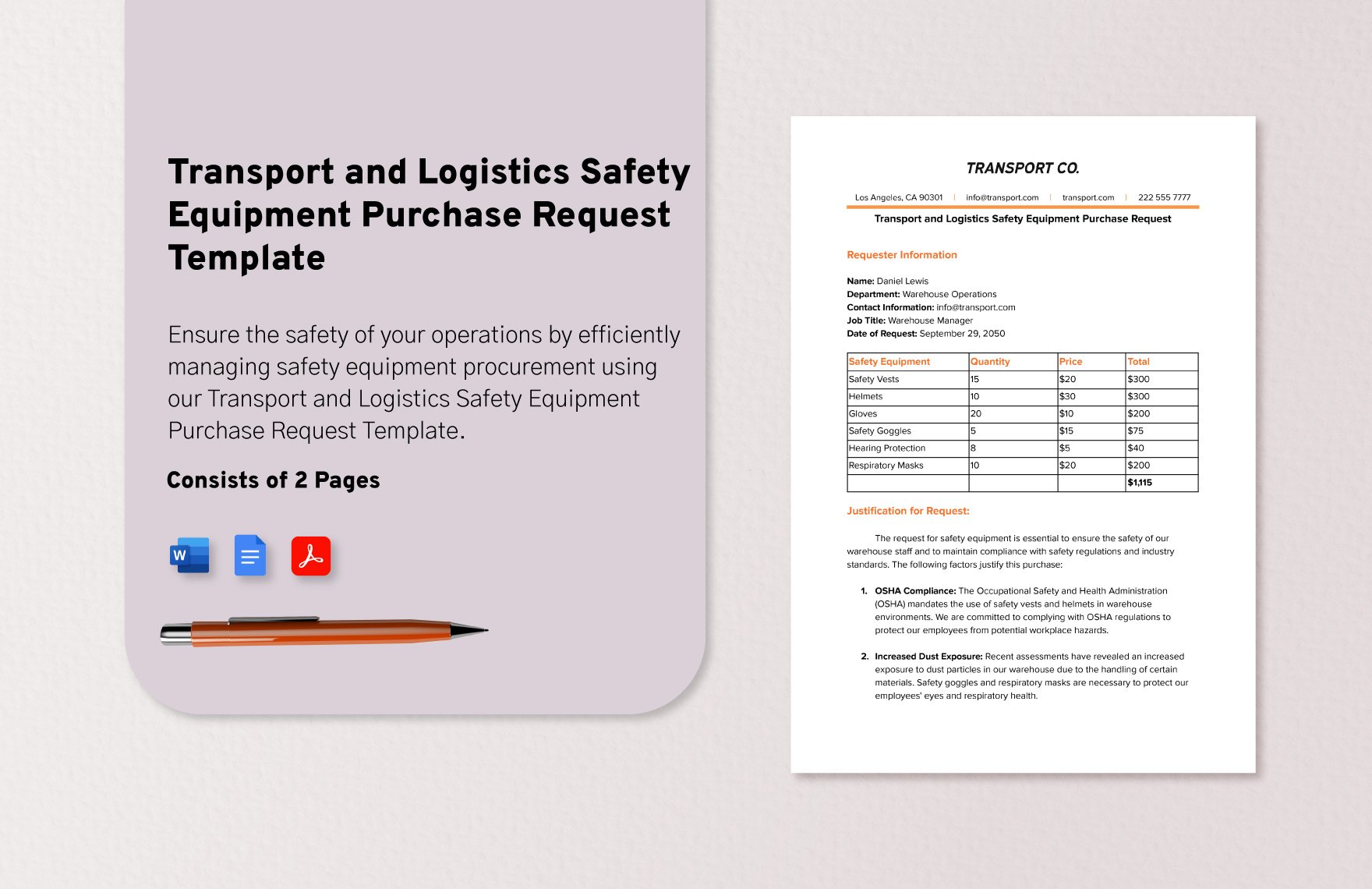 Transport and Logistics Safety Equipment Purchase Request Template