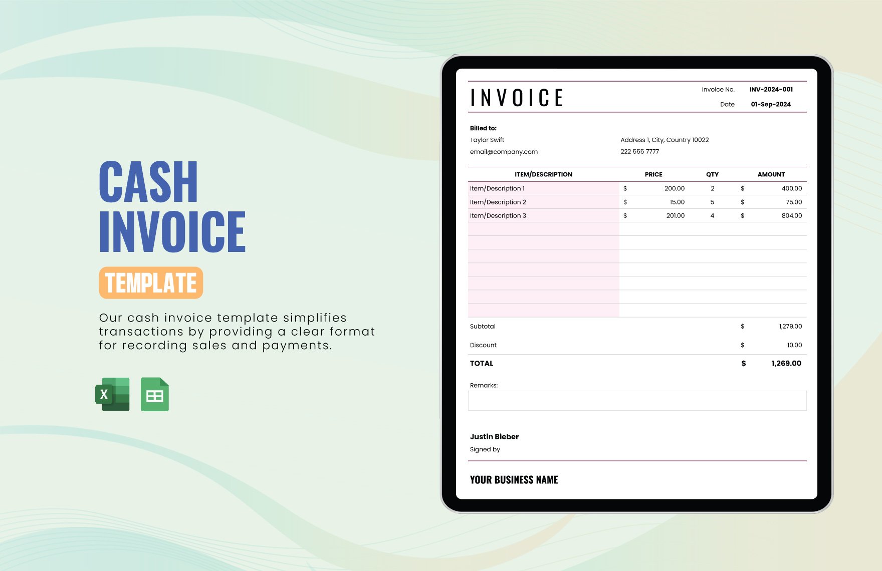 Free Cash Invoice Template in Excel, Google Sheets
