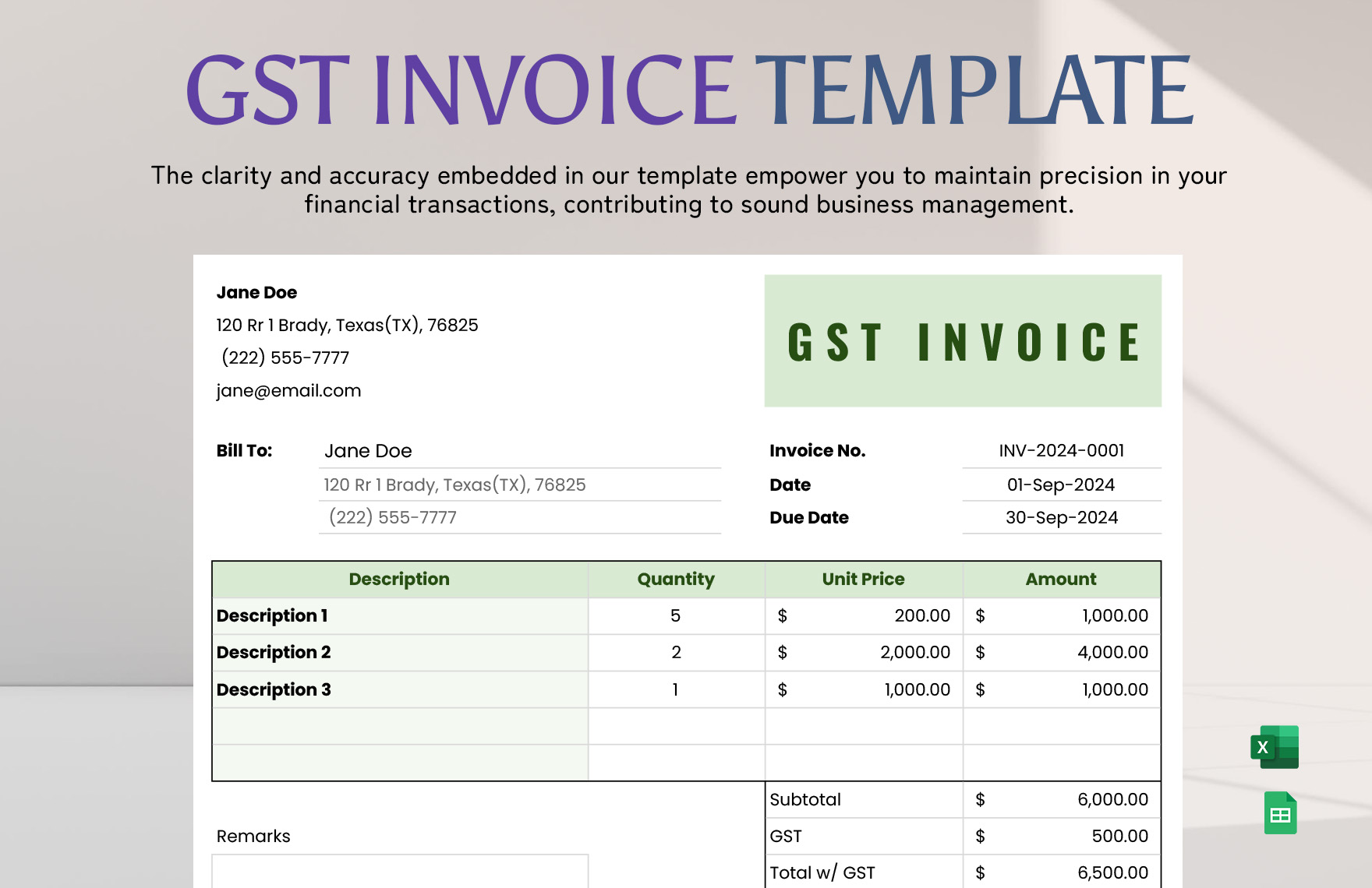 GST Invoice Template in Excel, Google Sheets