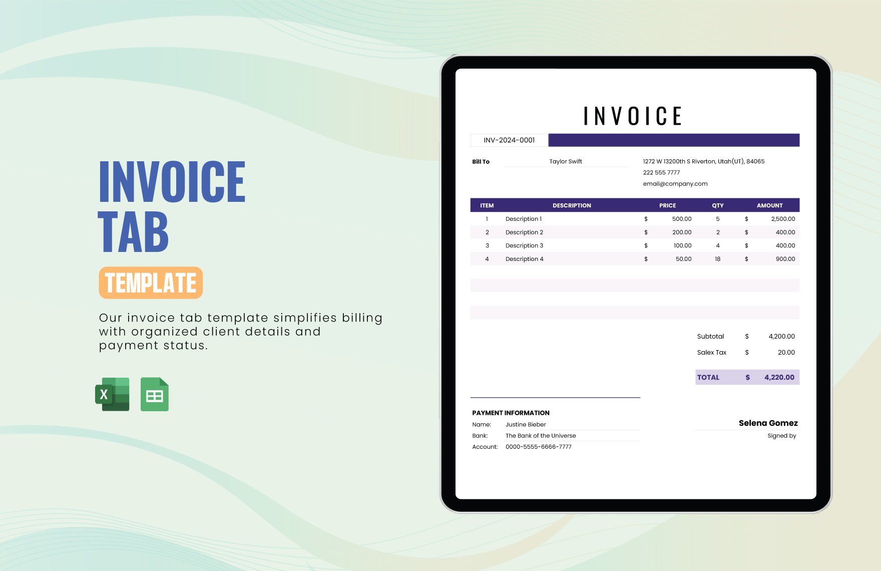 Free Invoice Tab Template in Excel, Google Sheets