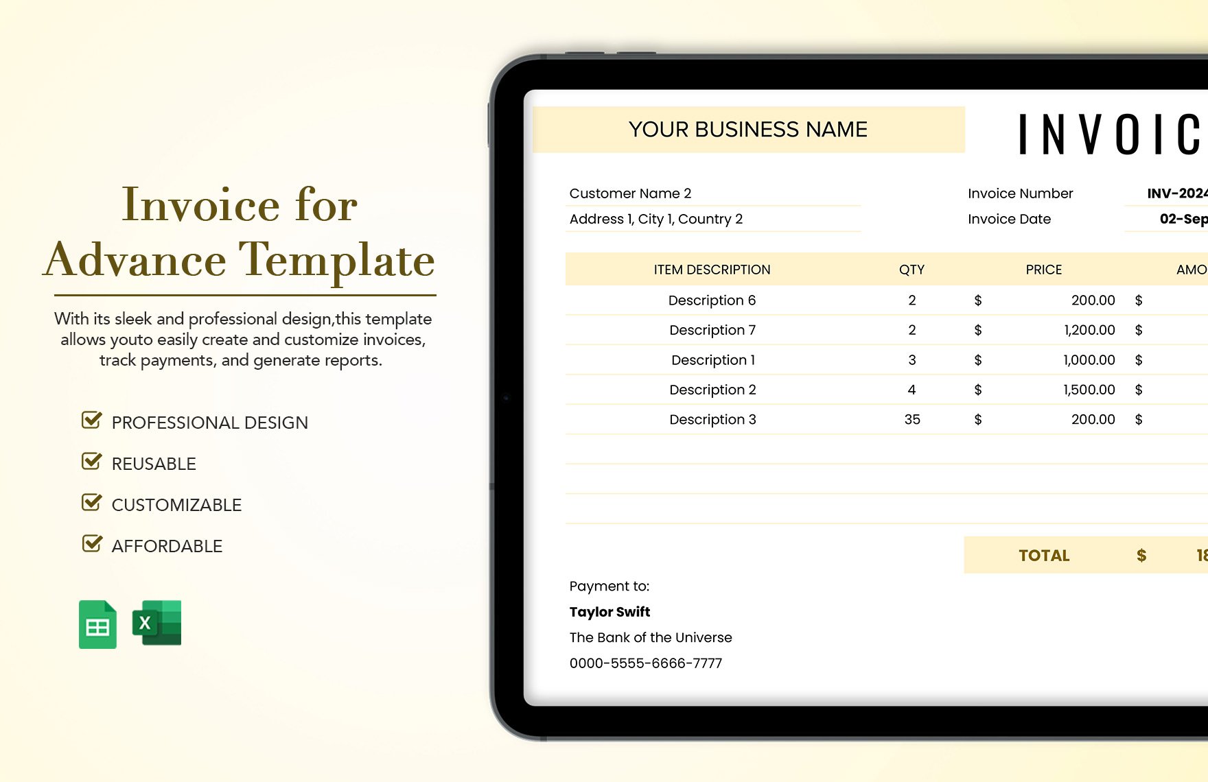 Invoice for Advance Template