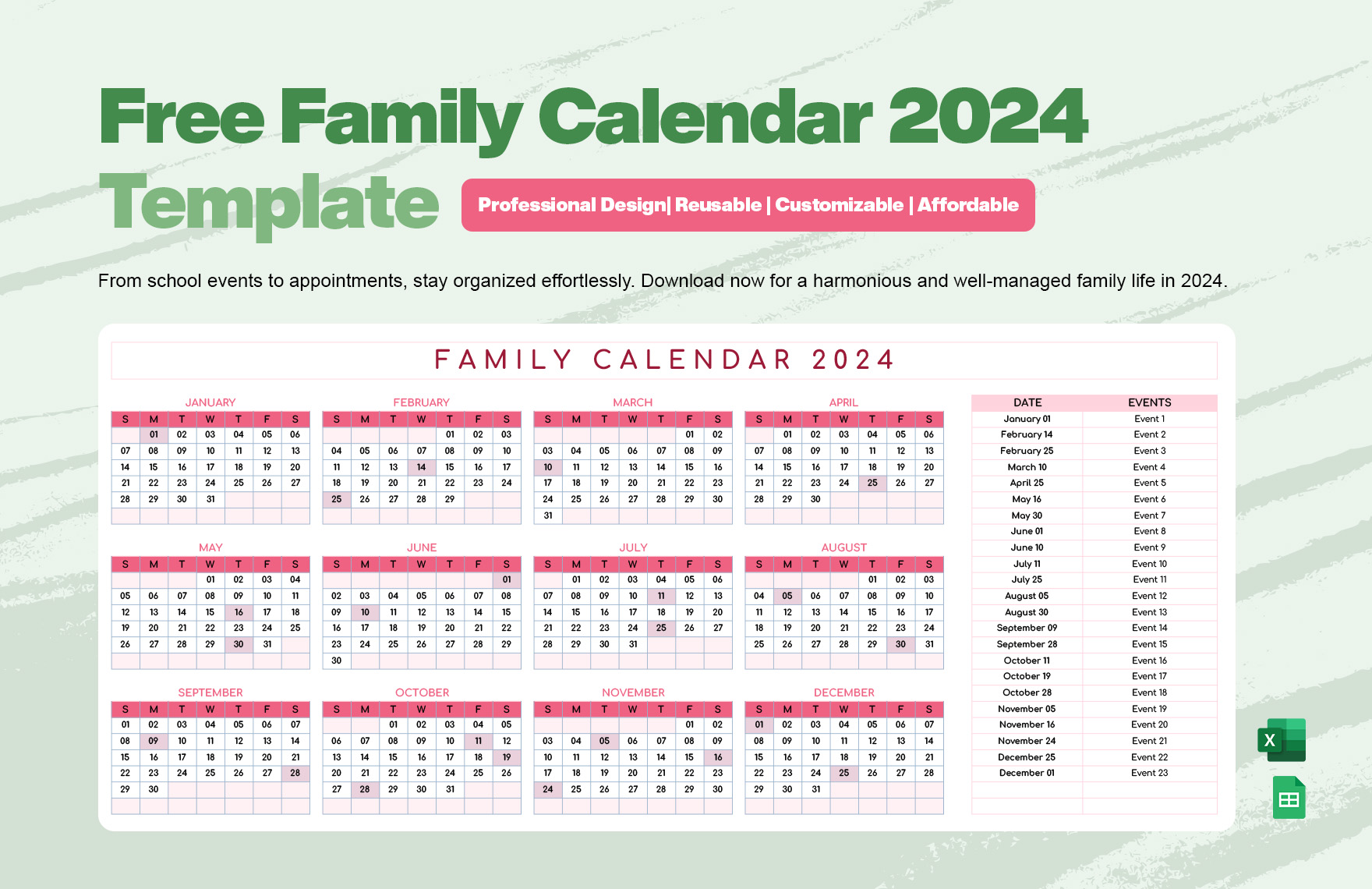 Free Monthly 2024 Calendar Template Download in Excel, Google Sheets