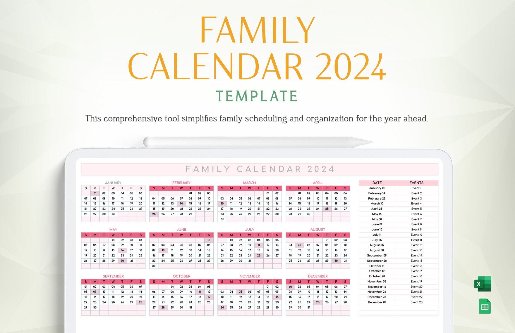 Free Family Calendar 2024 Template in Excel, Google Sheets