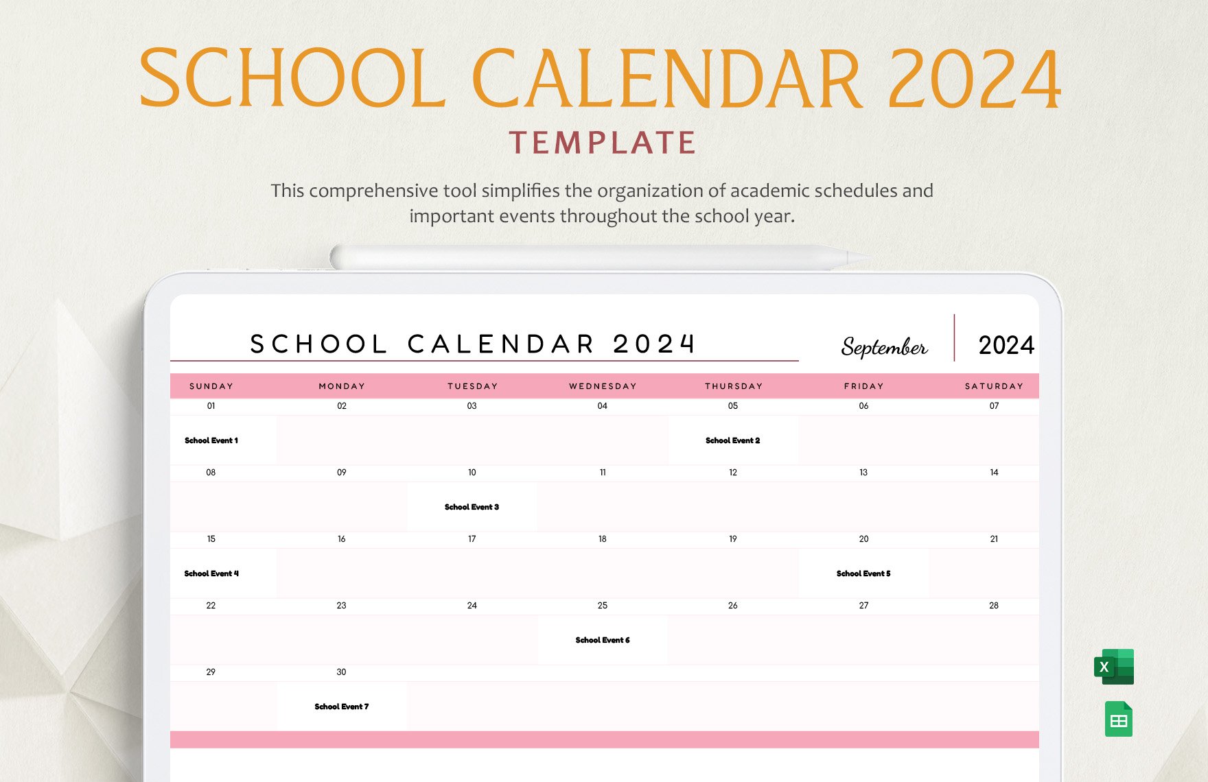 Free School Calendar 2024 Template in Excel, Google Sheets