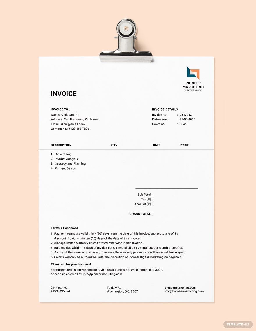 Marketing Agency Invoice Template in Google Docs, Google Sheets, Word, Apple Numbers, PSD, Excel, Illustrator, Publisher, Pages, InDesign - Download | Template.net