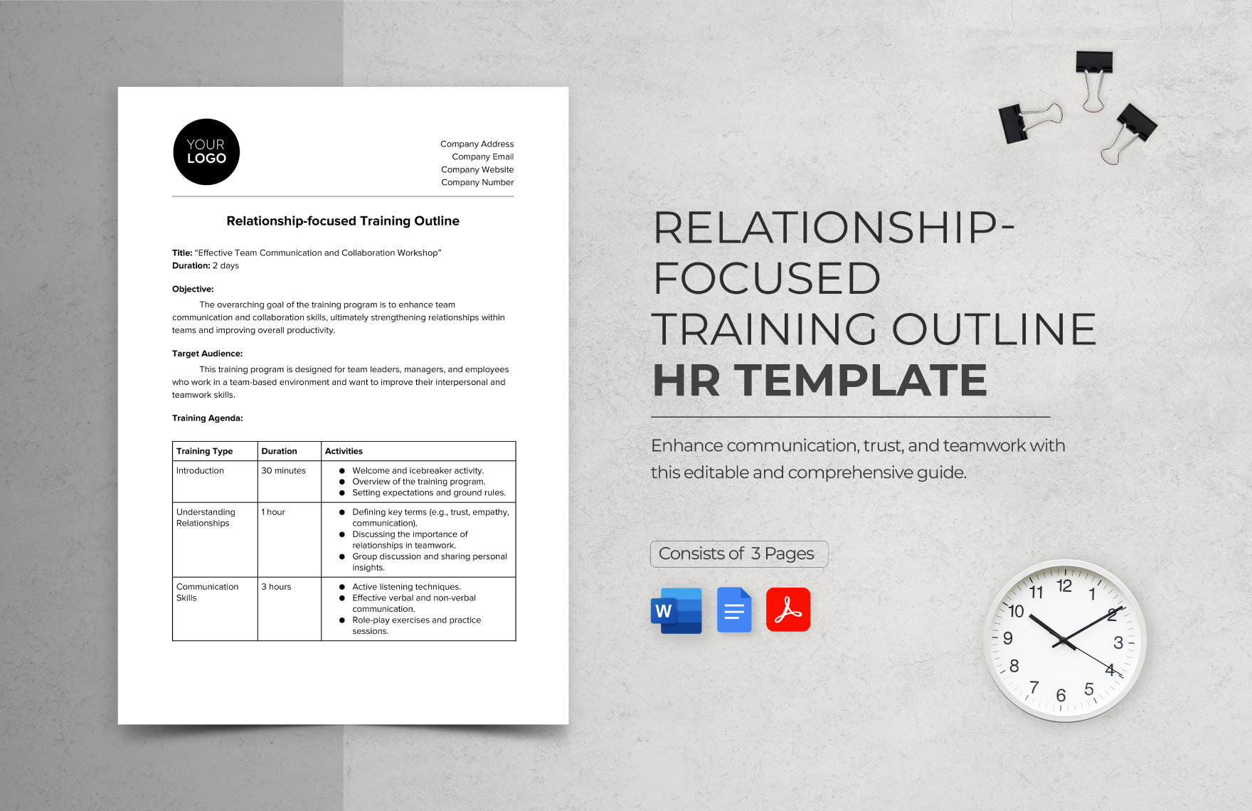 Relationship-focused Training Outline HR Template in Word, Google Docs, PDF
