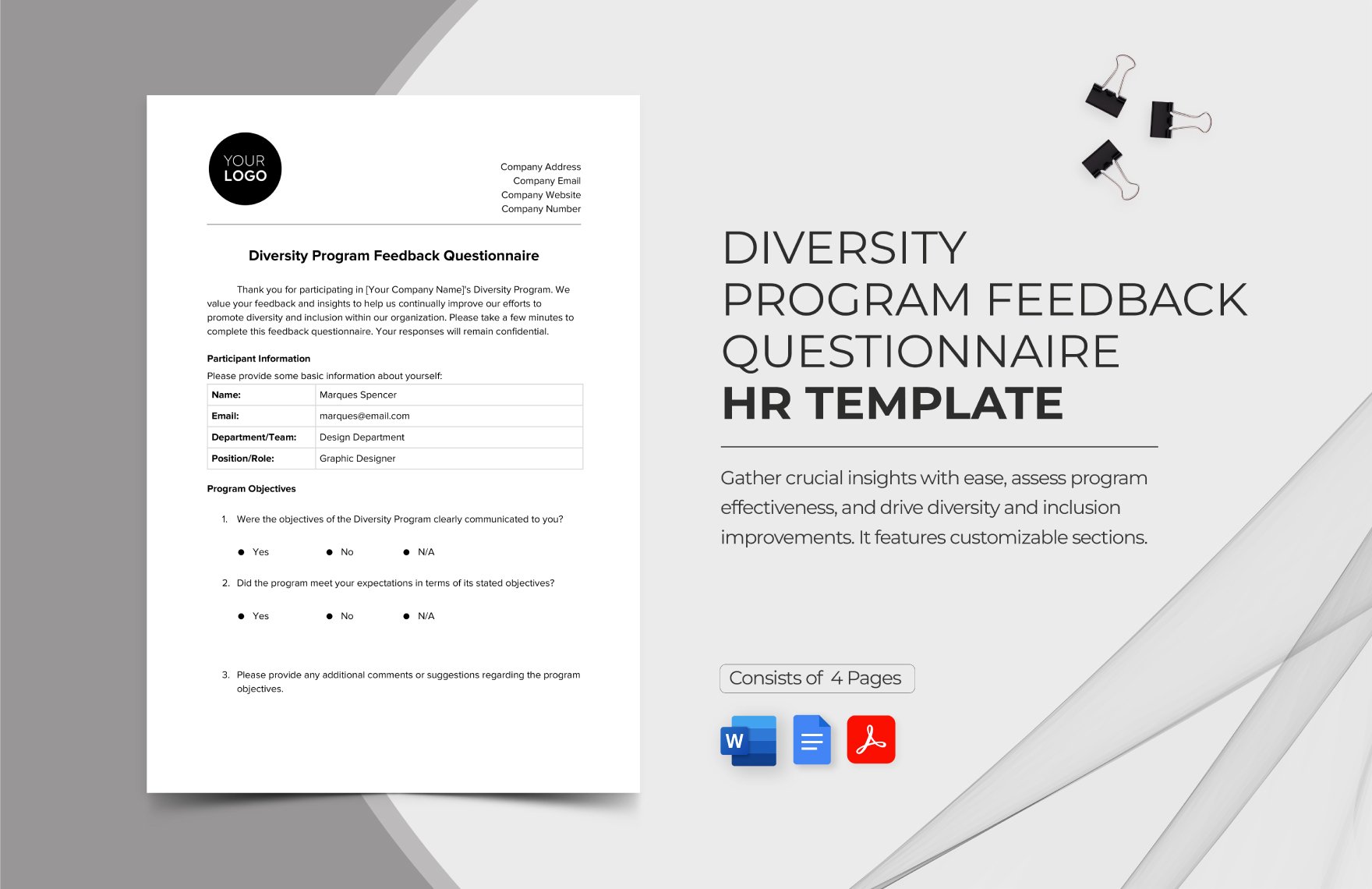 Diversity Program Feedback Questionnaire HR Template in Word, Google Docs, PDF