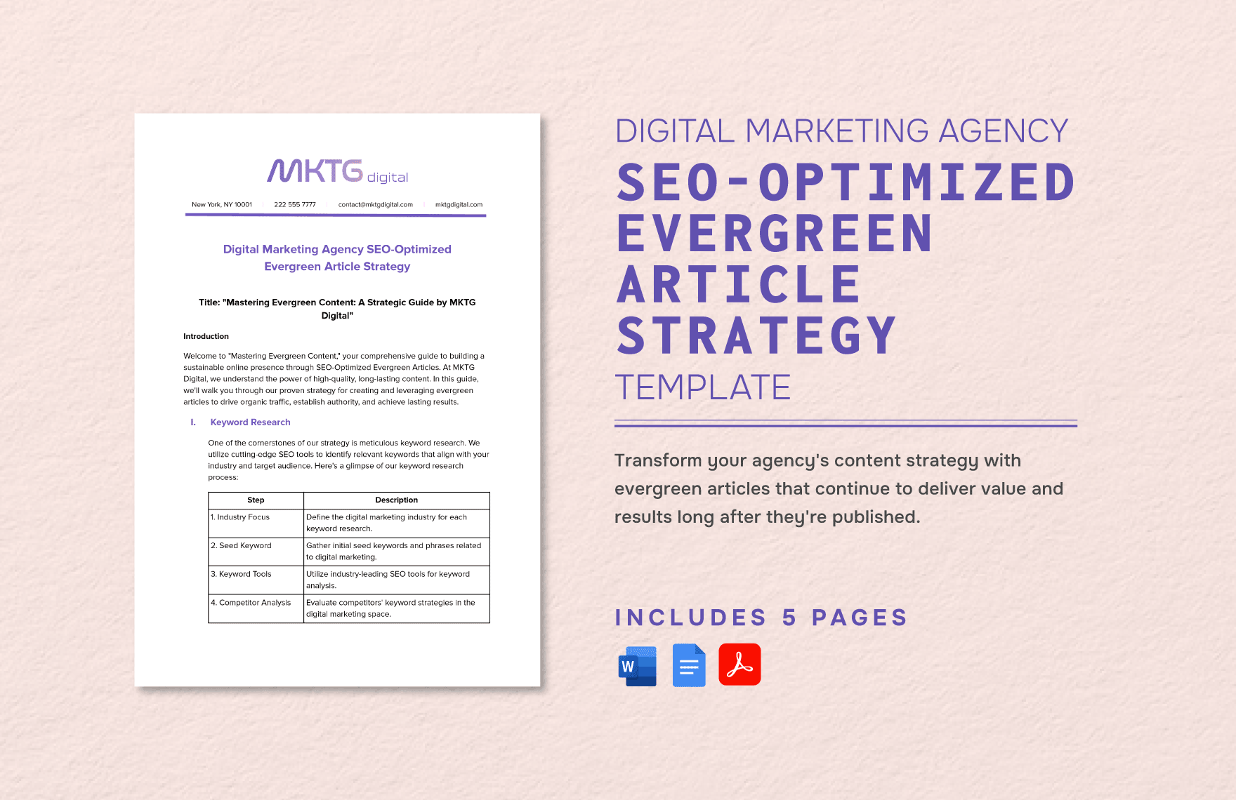 Digital Marketing Agency SEO-Optimized Evergreen Article Strategy Template in Word, Google Docs, PDF