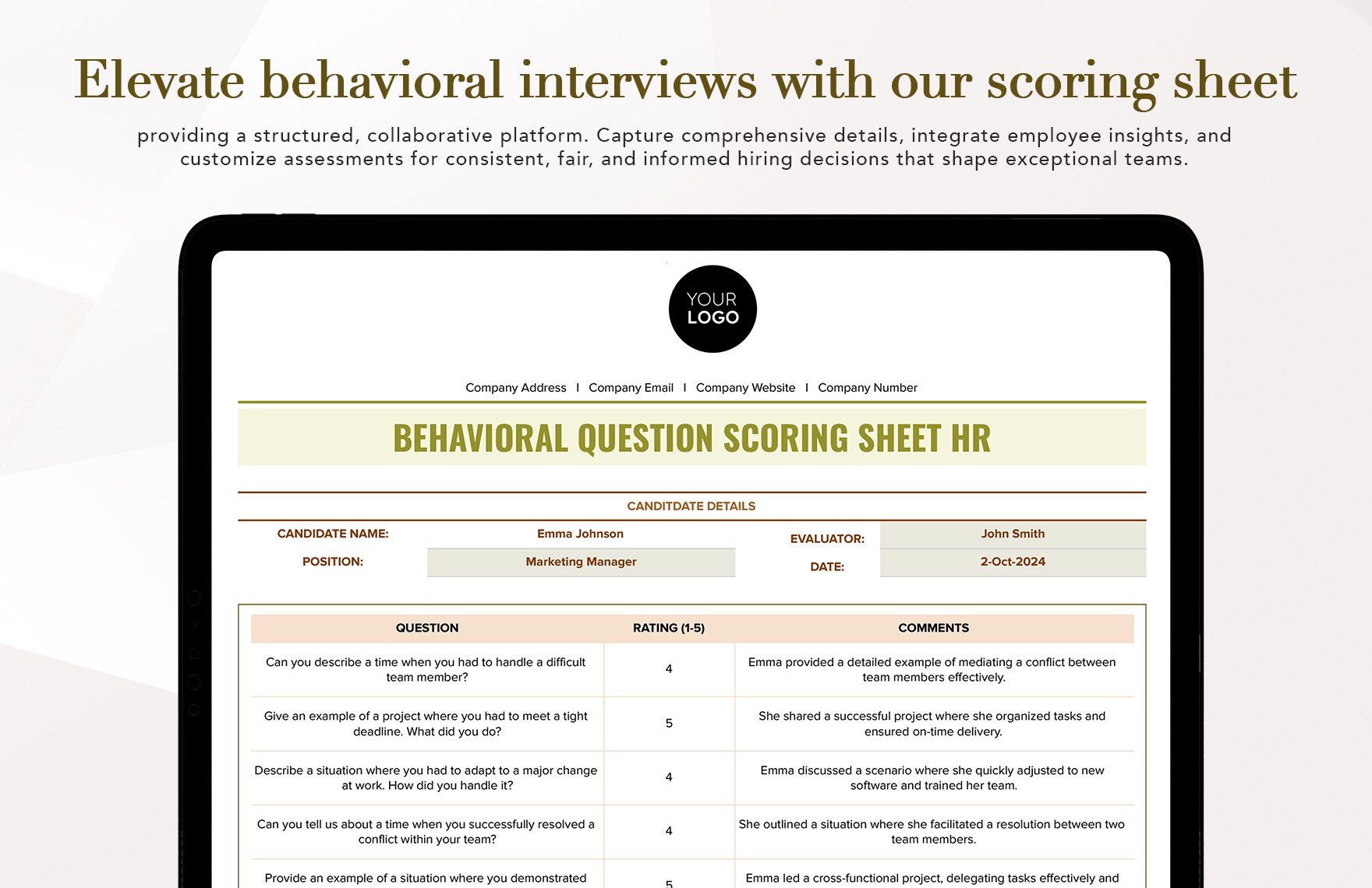 Behavioral Question Scoring Sheet HR Template