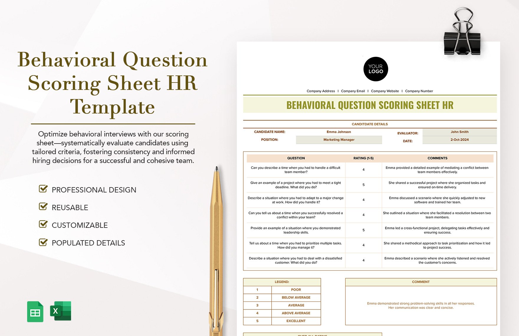 Behavioral Question Scoring Sheet HR Template
