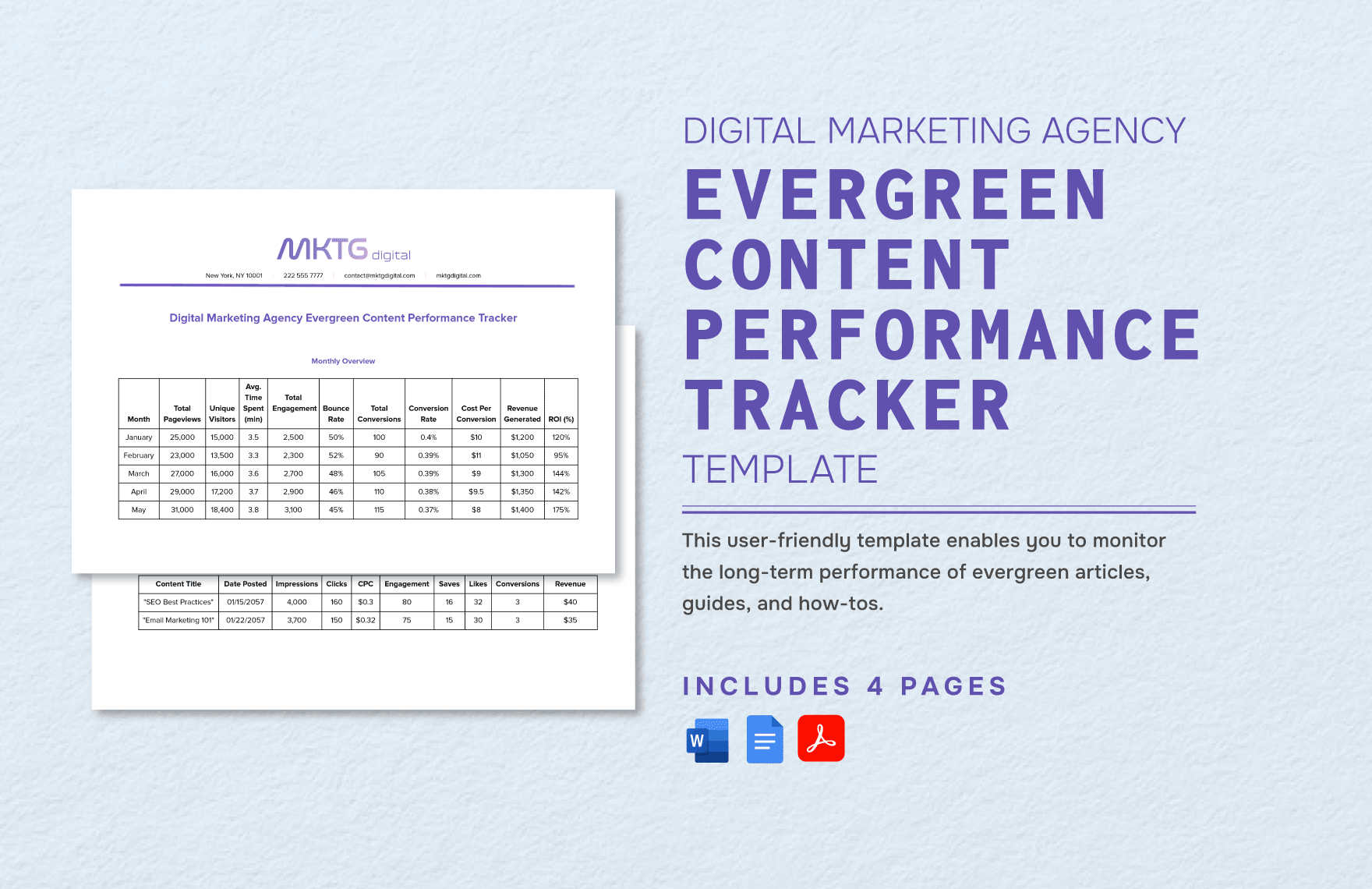 Digital Marketing Agency Evergreen Content Performance Tracker Template in Word, Google Docs, PDF