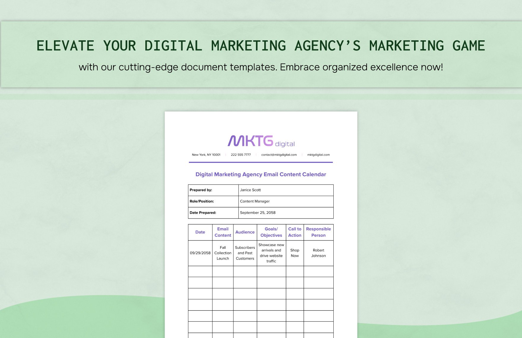 Digital Marketing Agency Email Content Calendar Template
