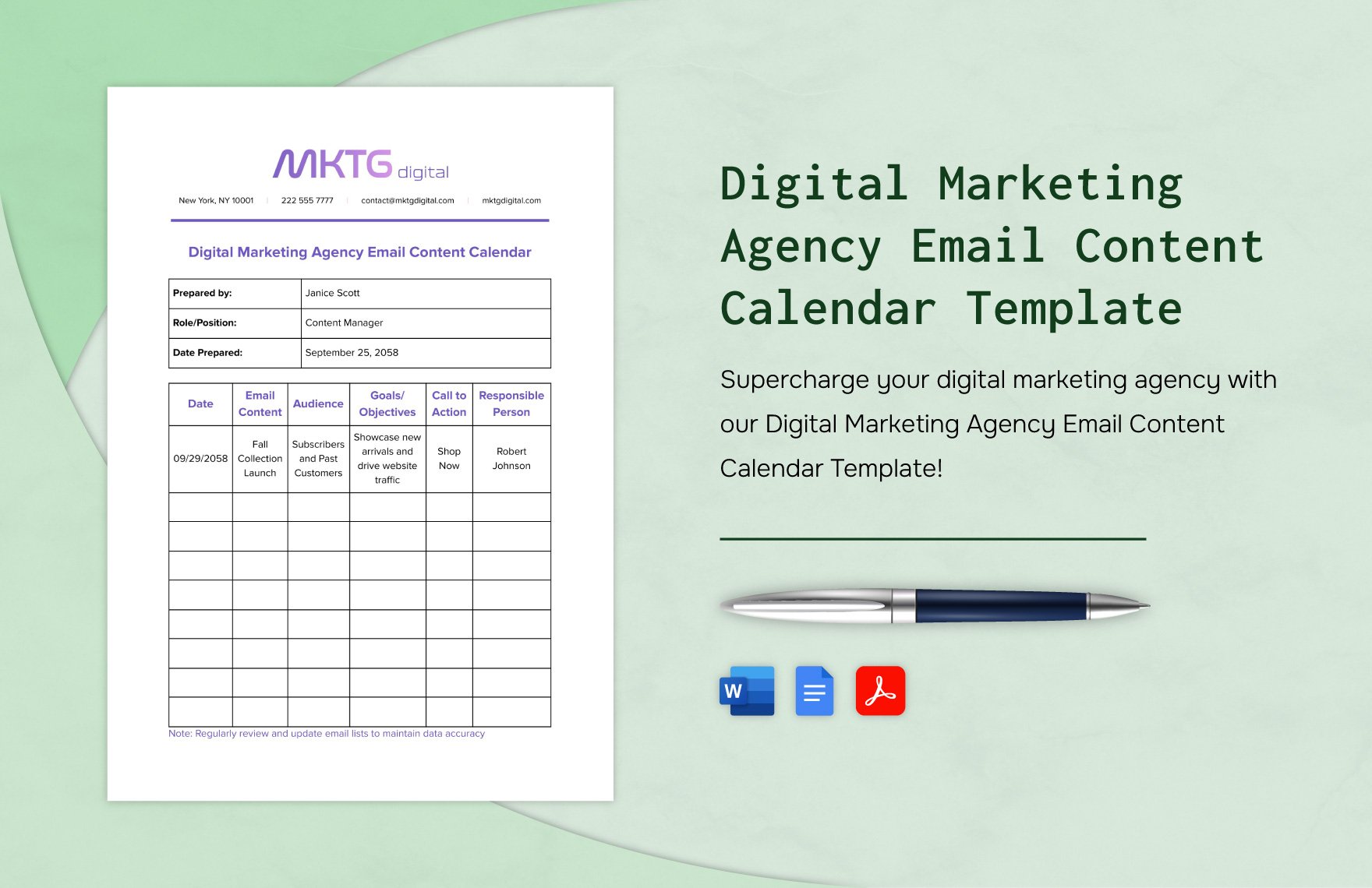 Digital Marketing Agency Email Content Calendar Template in Word, Google Docs, PDF