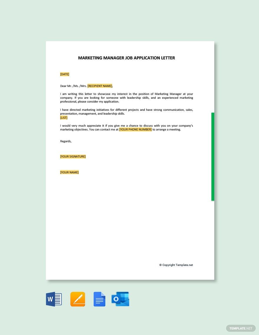 Marketing Manager Job Application Letter Template
