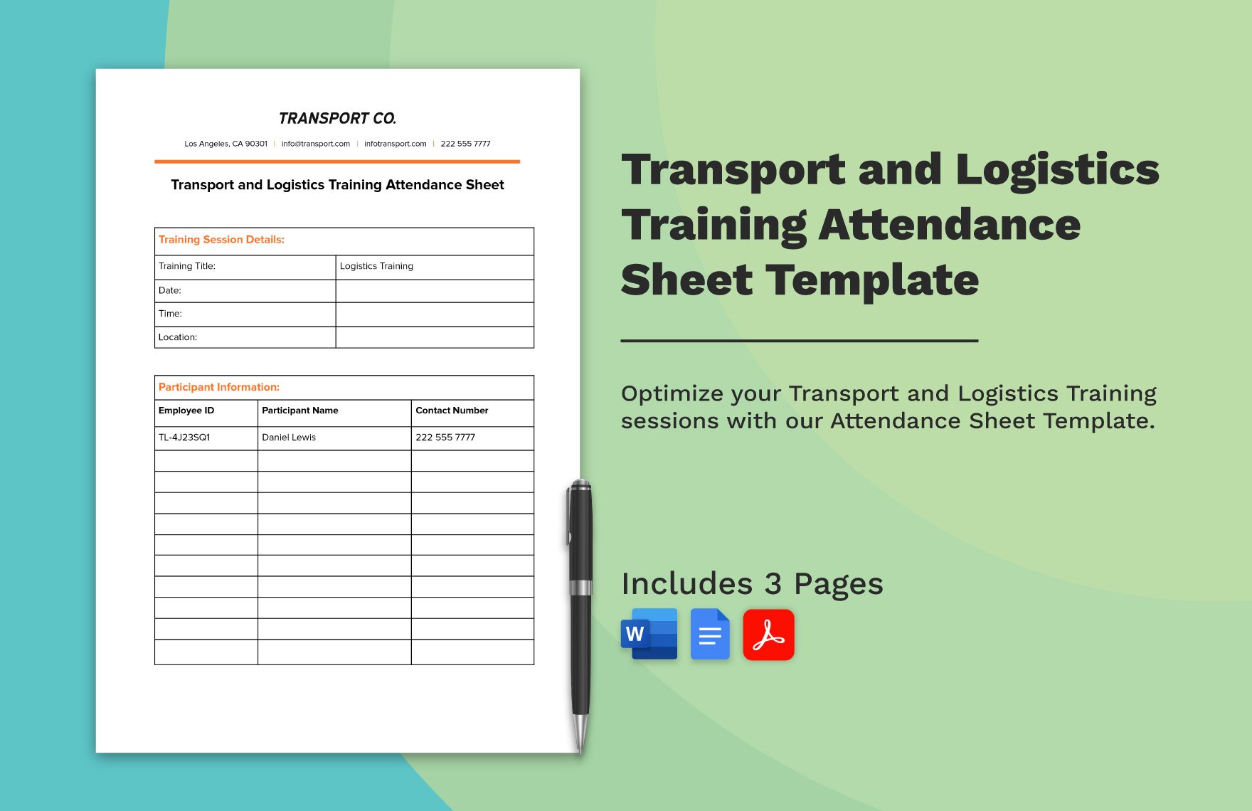 Transport and Logistics Training Attendance Sheet Template
