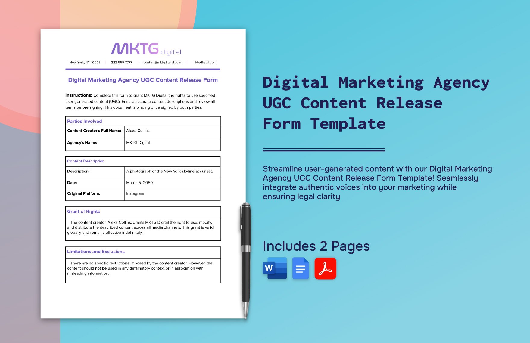 Digital Marketing Agency UGC Content Release Form Template