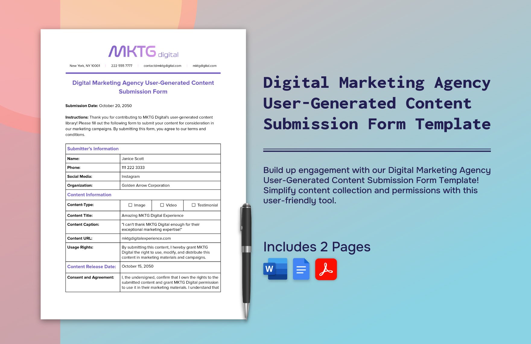 Digital Marketing Agency User-Generated Content Submission Form Template in Word, Google Docs, PDF