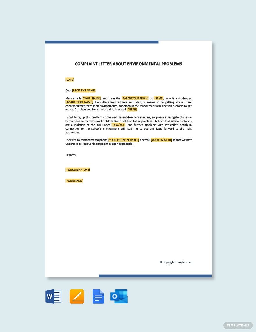 Complaint Letter About Environmental Problems in Google Docs, Pages, Word, Outlook, PDF - Download | Template.net