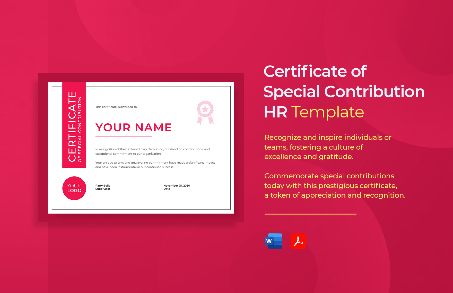 Certificate of Special Contribution HR Template